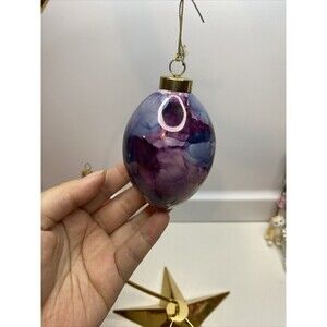 Vtg Susie Groover Handpainted Dripped Purple Blue Glass Ornament Egg Shape 4”H